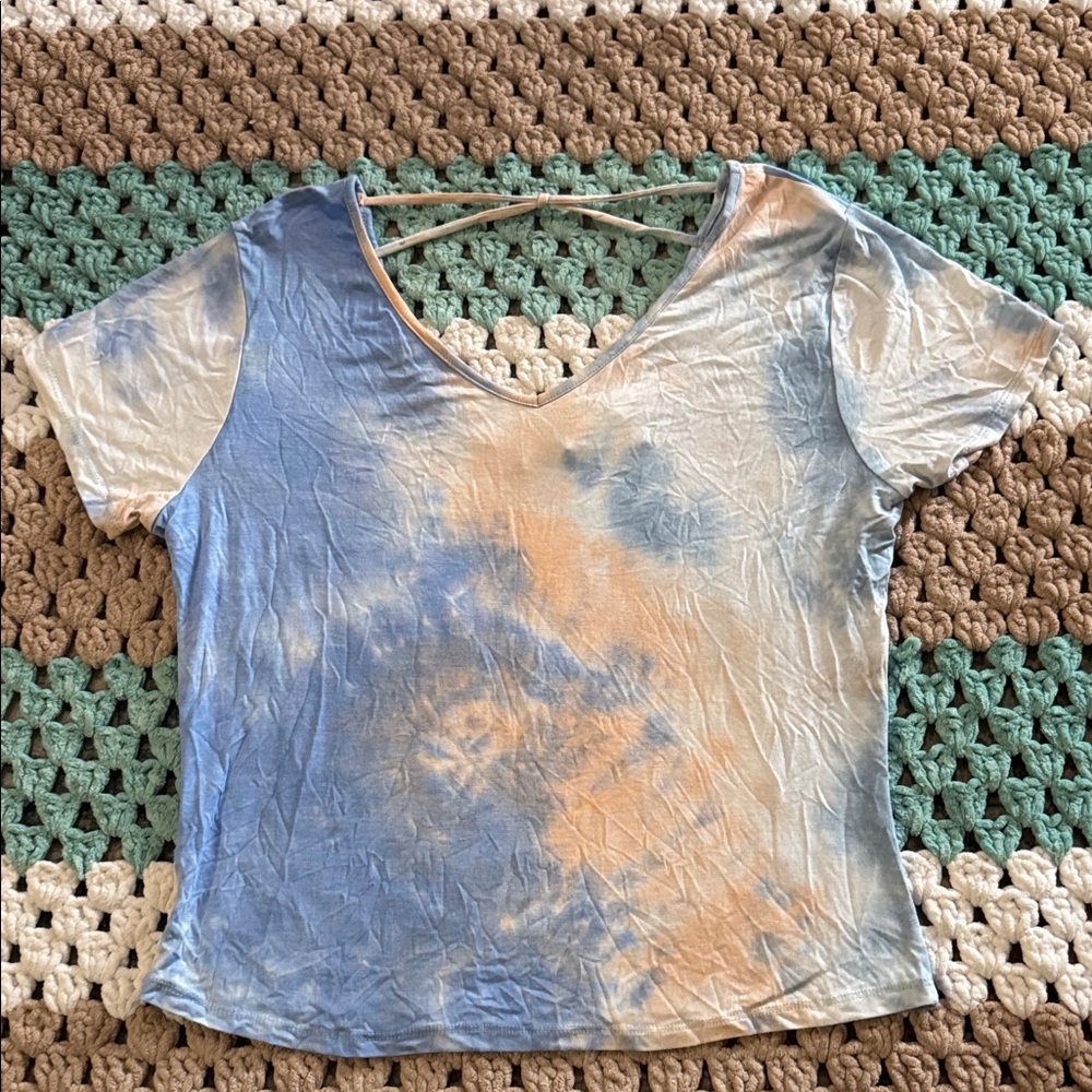 Blue Pink Tie-Dye V-Neck Soft Stretchy Short Sleeve Top Shirt Womans sz 1x Plus